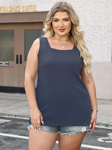 3 Pack Women Plus Size Tank Tops Basic Square Neck Sleeveless Tees - color: White Rose Navy, size: Medium