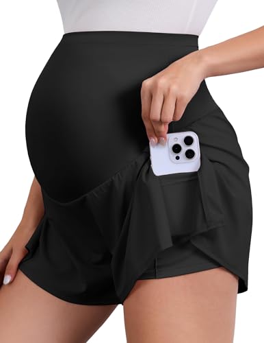 PACBREEZE Women's Maternity Shorts Over Belly Quick Dry Workout Athletic Running Shorts with Zipper Pockets - color: A01: Black, size: XX-Large