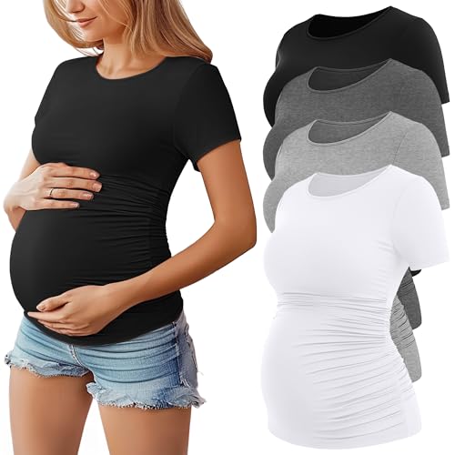 Huukeay 4 Pack Women's Short Sleeve Maternity Tops - color: Black, Light Gray, Dark Gray, White, size: Large
