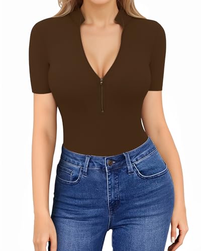 HERLOLLYCHIPS Womens Long Sleeve Top Short Sleeve V Neck Zip Up Sexy Shirts - color: E Short Sleeve Coffee, size: Large