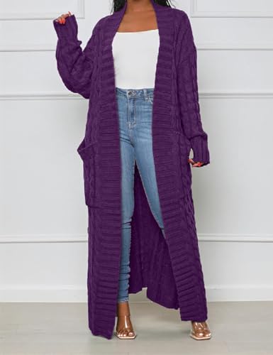 Womens Thin Stylish Cable Knit Dual Extra Long Maxi Cardigan with 2-Pockets - color: Cardigan-purple, size: Medium