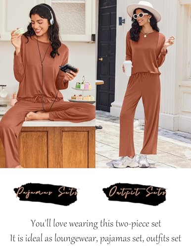 Ekouaer Lounge Sets for Women Long Sleeve Pajamas Fall Loungewear - color: Camel, size: Medium