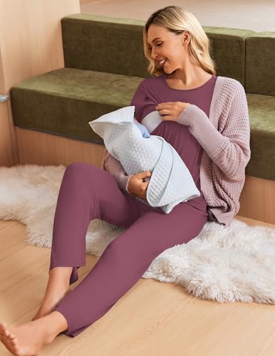 Ekouaer 3 Piece Maternity Nursing Pajamas Set Short Sleeve Breastfeeding Pjs - color: Burgundy, size: Medium