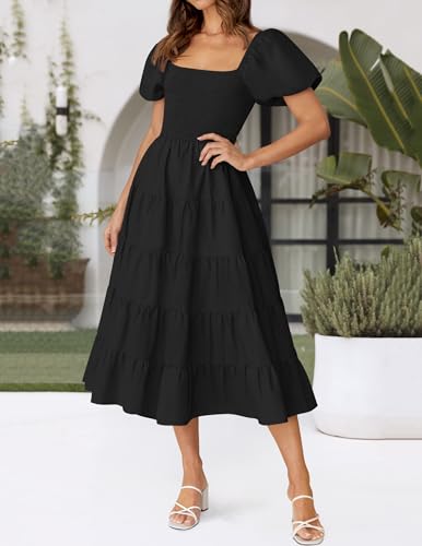 ZESICA Women Summer Puff Sleeve Boho Wedding Guest Midi Dress - color: Black, size: Small