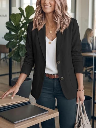 IDEALSANXUN Cotton Linen Blazer for Womens Long Sleeve Loose Casual Blazer Jackets - color: Black, size: Small