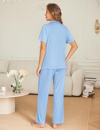 Ekouaer Womens Pajama Sets Button Down Lounge Sets 2 Piece Short Sleeve Pjs - color: Cool Blue, size: Small