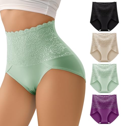 Women Tummy Control Underwear,High Waisted Lace Panties, High Cut Silky Soft Ladies Postpartum Brief Multipack - color: 4pcs(black+nude+green+purple), size: Large