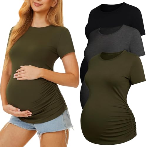 3 Pack Womens Maternity Shirts, Crew Neck Maternity Top Short Sleeve - color: Black/Army Green/Dark Grey, size: XX-Large