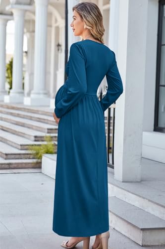 OUGES Women's Wrap Pregnancy Maxi V Neck Fall Baby Shower Maternity Dress - color: Blue, size: Medium