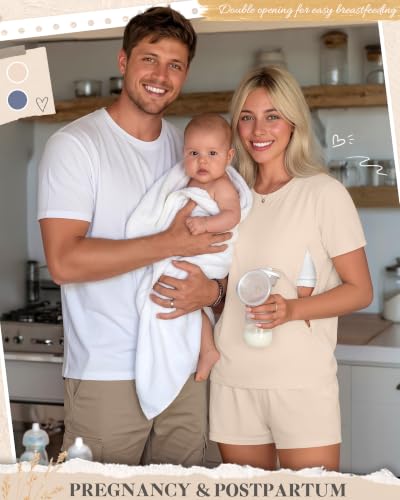 Riyiper 2 Packs Women's Nursing Pajamas Set - color: Beige White, Gray Blue, size: Medium