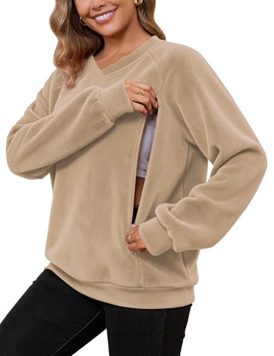 Bhome Fleece Breastfeeding Shirts Hidden Zipper Nursing Tops Pumping Friendly Sweatshirt Oversized Pullover with Pockets - color: Light Brown, size: Large