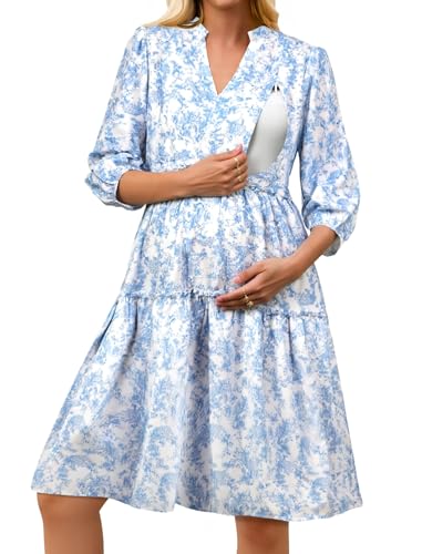 Angashion Women's Maternity Nursing Dress: V-Neck Hidden Zipper Pockets - color: White&blue Floral, size: Medium