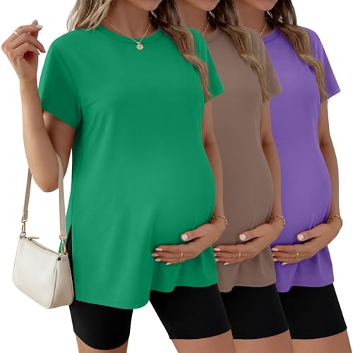 Ficerd 3 Pack Women's Maternity T Shirts - color: Green, Coffee, Purple, size: Small
