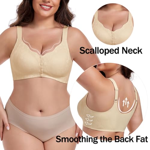 IWOLLENCE Womens Front Snap Closure Daisy Bras Soft Seamless Wireless Lace Bralettes Comfort Full Coverage Bra - color: Apricot, size: XX-Large