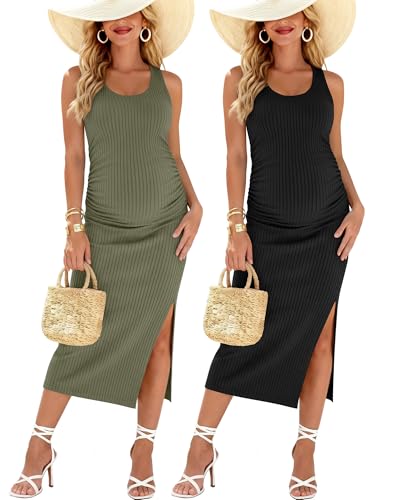 2 Pack Womens Split Long Maternity Dress - color: Army Green, Black, size: XX-Large
