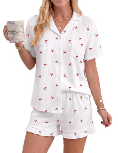 Ekouaer Women's Pajamas Sets Button Down Pjs Short Sleeve Ruffle Sleepwear - color: Cherry, size: Large