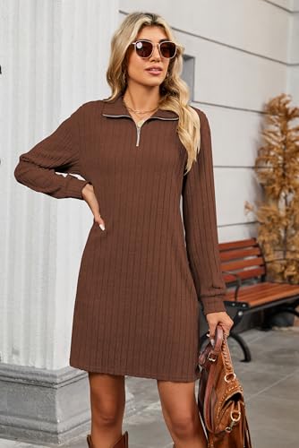 Halife Women's Fall Dresses Long Sleeve Tunic Sweater Dress with Zippers - color: Brown, size: Small