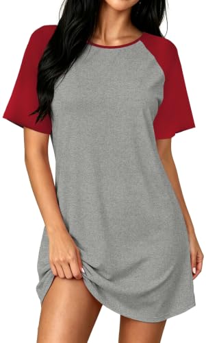 Nightgowns for Women Raglan Sleeve Night Shirt Soft Sleepshirts - color: Red and Grey, size: X-Large