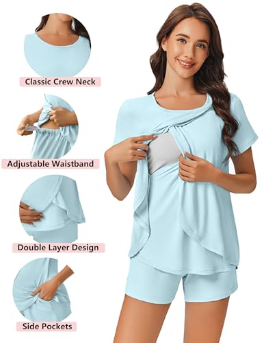 Ekouaer 3 PCS Maternity Nursing Pajamas Set Postpartum Breastfeeding PJS - color: Light Blue, size: XX-Large