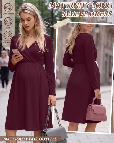 Locoowai Maternity Wrap Long Sleeve Dress V Neck Fall Dress - color: Burgundy, size: Medium