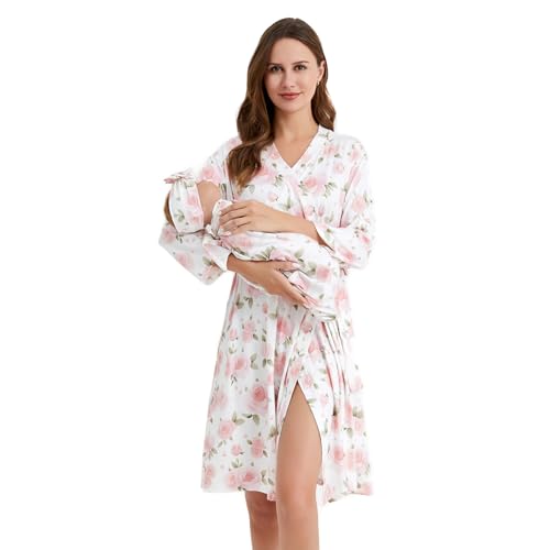 Galabloomer Maternity Robe and Receiving Blanket, Matching Mommy Labor Robe - color: Green Leaf Rose, size: Medium