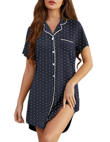 Pjmlifecoco Women's Button Down Nightgown Short Sleeve Sleep Shirt - color: Navy Blue With Dots, size: XX-Large
