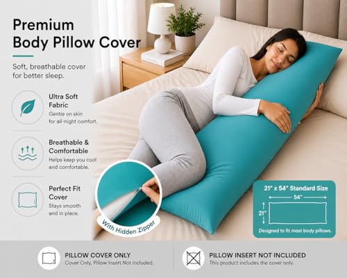 EVOLIVE Body Pillow Cover 21"x54", Microfiber, Hidden Zipper (Peacock Blue) - color: Peacock Blue