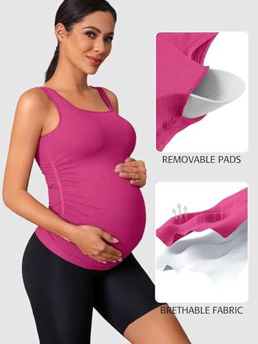 ATTRACO Maternity Tank Tops Seamless Side Ruche Sleeveless Pregnancy Basic Shirt with Built in Bra - color: Magenta Purple, size: Medium