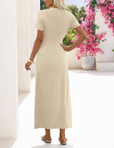 MEROKEETY Women's Summer T Shirt Casual Work Wrap Maxi Dresses - color: Apricot, size: Medium
