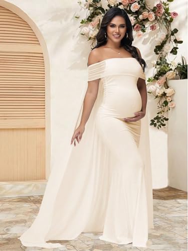Maternity Mesh Off Shoulder Chiffon Cloak Maxi Photoshoot Dress - color: Beige, size: Medium