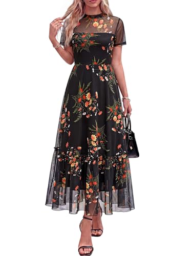 BTFBM Womens Mesh Ruffle Boho Cocktail Dresses - color: Floral Black Yellow, size: X-Small