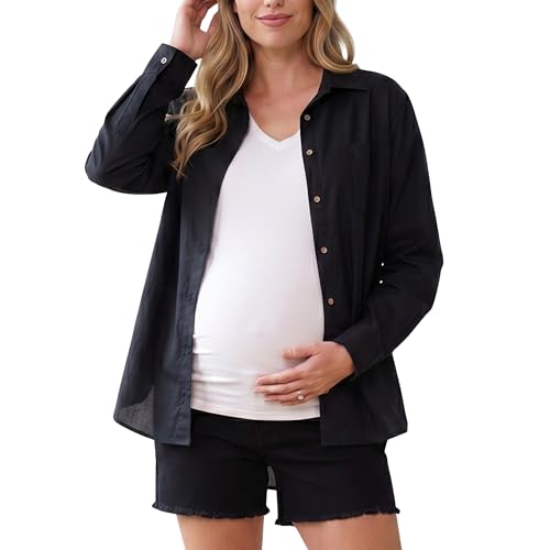 Motherhood Maternity Women's Button Down Poplin Long Sleeve Pregnancy Shirt - color: Black, size: Medium