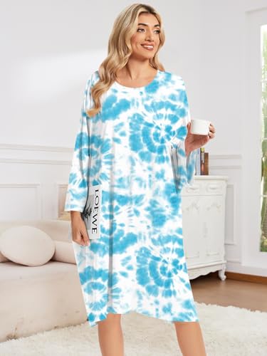 CRIPOM Plus Size Moo Moos for Women Oversized Sleep Shirts with Pockets - color: Blue Tie Dye