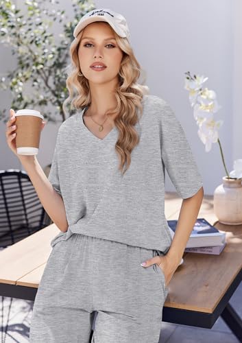 Ekouaer Womens Pajama Sets Cotton Short Sleeve Long Pants Lounge Set - color: Light Grey, size: Medium