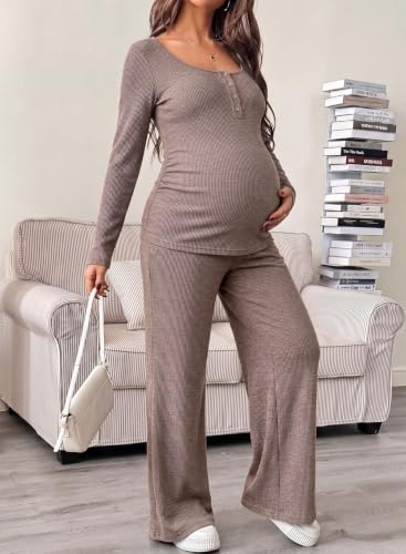 BLENCOT Maternity Clothes Ribbed Long Sleeve Sets Button 2 Piece Outfits - color: Brown, size: XX-Large