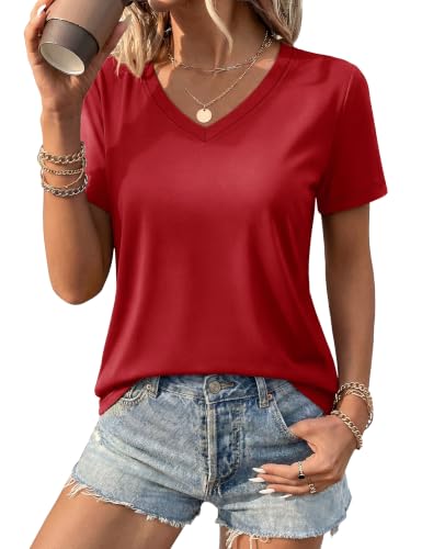 YUCOLEN Womens Shirts Cotton Short Sleeve Tops V Neck Casual Basic Tees - color: A-red, size: Medium