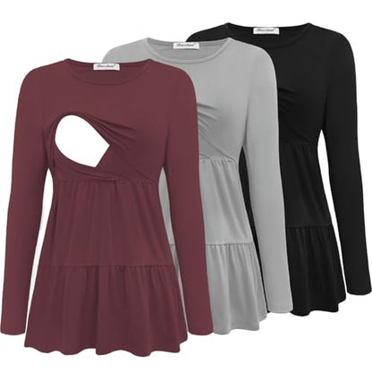 Bearsland Long Sleeve Nursing Top - color: Black & Platinum Grey & Red Mahogany, size: Large