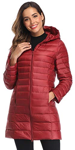 Obosoyo Women's Winter Packable Down Jacket Plus Size Ultralight Long Down Outerwear Puffer Jacket Hooded Coat - color: Winered, size: Large