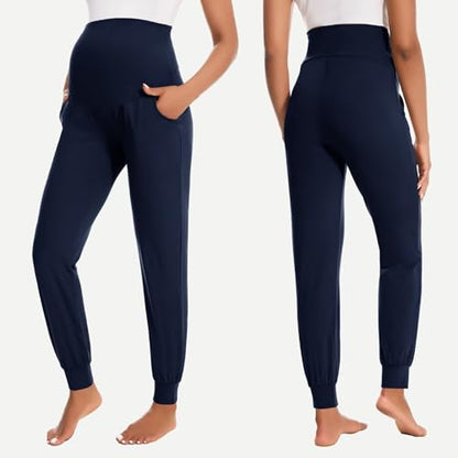 HIGHDAYS Maternity Pants with Pockets, Over Belly Thick Pregnancy Leggings - color: Navy Blue, size: Large