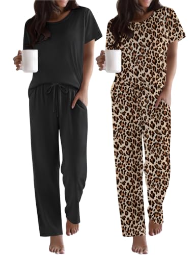 Ekouaer 2 Pack Womens Pajama Set Short Sleeve Top and Printed Pants Soft Pj - color: Black/Leopard, size: Large