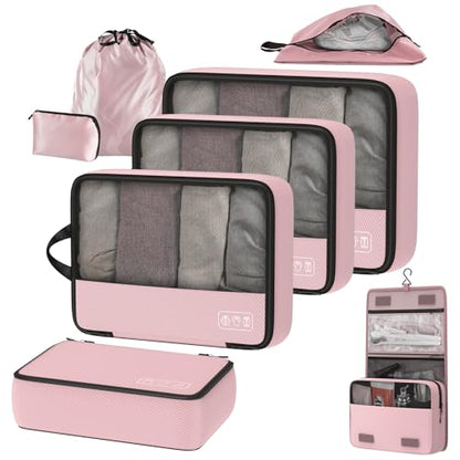Compression Packing Cubes for Carry On Travel, 8-Piece Luggage Organizers - color: Pink-8 Set