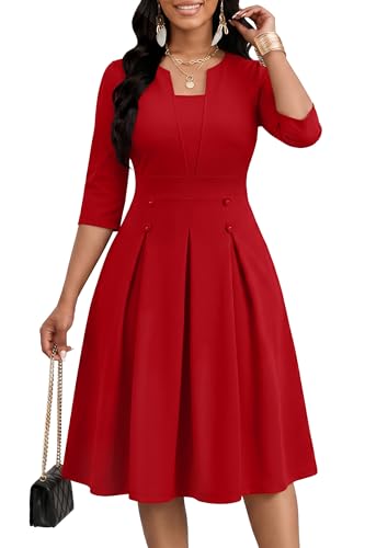 FANDEE Women's Church Midi Dress, 3/4 Sleeve A-Line Fit and Flare Work Dresses with Pockets - color: 004red, size: Medium