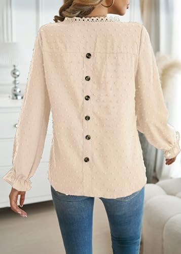 Falechay Boho Tops for Women Ruffle Long Sleeve Crewneck Swiss Dot Shirts - color: Apricot, size: Medium