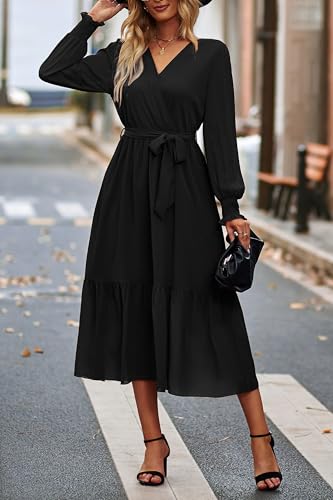 PRETTYGARDEN Womens Long Sleeve Boho Maxi Fall Floral Wedding Guest Dresses - color: Solid Black, size: XX-Large