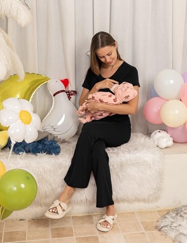 SUNNYBUY 3 PCS Maternity Nursing Sleepwear Set with Nightgown, Top & Pants - color: Black, size: Small