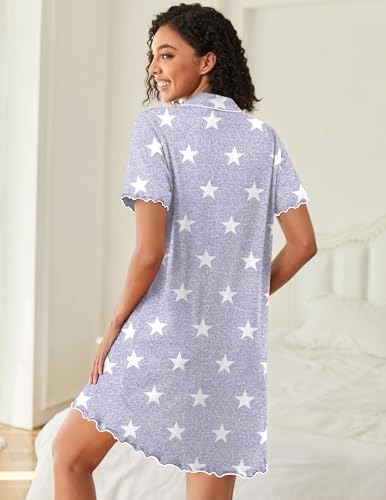 Ekouaer Cotton Nightgowns for Women Button Down Sleep Shirts Night Shirts - color: Grey Star, size: Small