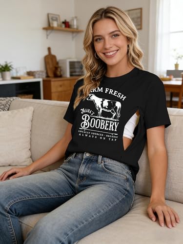 Women's Breastfeeding Shirt Zipper Nursing T-Shirt Maternity Graphic Tees - color: Black, size: Medium