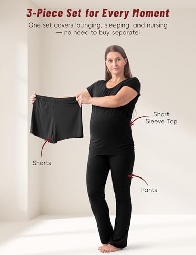 SUNNYBUY Womens Maternity Nursing Pajamas Set 3 Piece Breastfeeding PJS - color: Black, size: XX-Large