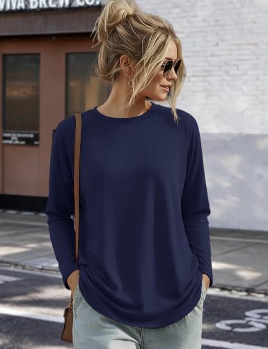 YUCOLEN Women's Long Sleeve Shirts Crew Neck Casual Cotton Basic Tee - color: Blue, size: Small