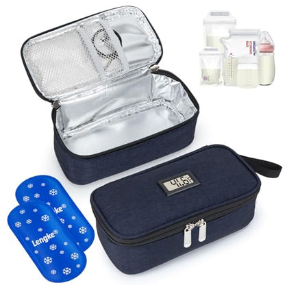 Breast Milk Cooler Travel Bag with Temp Display & 2 Ice Packs - color: Navy Blue